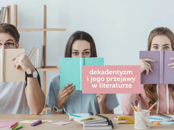 Trzy osoby ukrywają twarze za książkami, symbolizując postawę dekadencką i jej przejawy w literaturze.