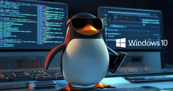 Pingwin w okularach trzyma tablet, a za nim ekrany z kodem i logo Windows 10. To jakby "windows to go" dla pingwinów!