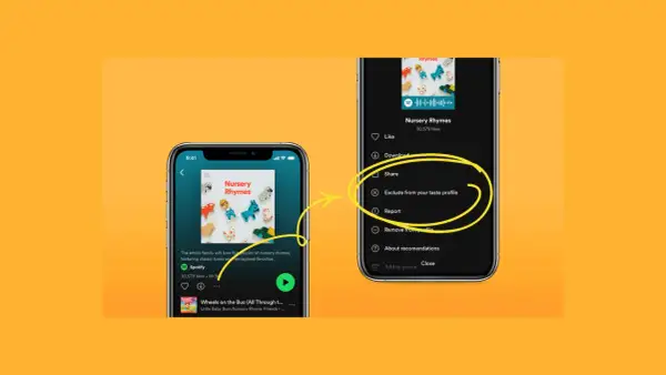 Two phones showing Spotify. One displays a "Nursery Rhymes" playlist. The other shows options to manage Spotify personalized playlists, including "Exclude from your taste profile.