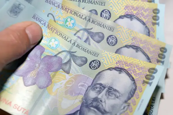 Dłoń trzyma banknoty 100 lei, rumuńska waluta. Na banknotach widnieje portret mężczyzny i kwiat.