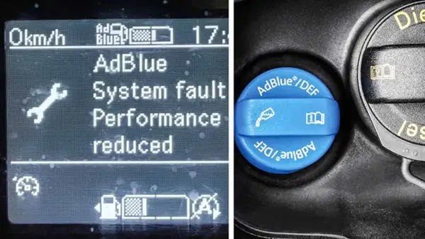 Varning för AdBlue-systemfel på bilens display. Bredvid syns AdBlue-locket, vilket kan ge en hint om hur mycket adblue drar en bil.
