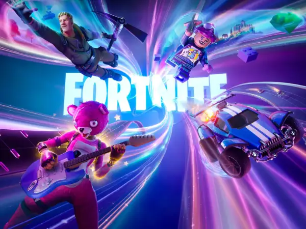 Postacie z Fortnite, w tym Jonesy, robot z klocków i różowy miś grający na gitarze, w dynamicznej scenerii. Graj w Fortnite przez Xbox Cloud Gaming!