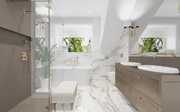 Elegancka łazienka modern classic z wanną, prysznicem, dwoma umywalkami i złotymi detalami.