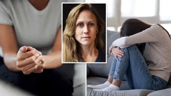 En kvinna med sammanflätade händer, en närbild av en kvinna med blå ögon och en ung person hopkrupen på en soffa, som visar tecken på ångest eller depression.