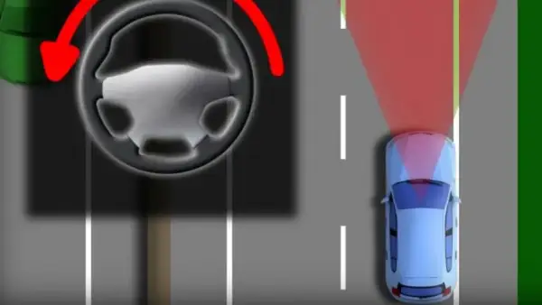 Sistema de aviso de salida de carril. El coche azul se desvía de su carril, activando una alerta roja.
