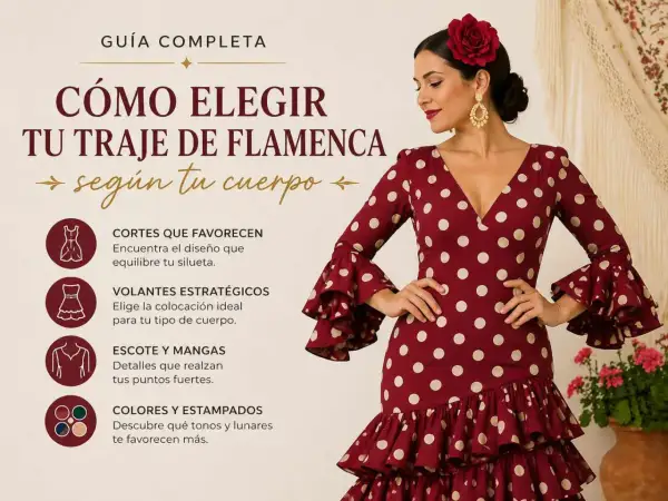 Guía para elegir los tipos de vestidos de flamenca perfectos según tu cuerpo, con consejos sobre cortes, volantes, escote, mangas y estampados.