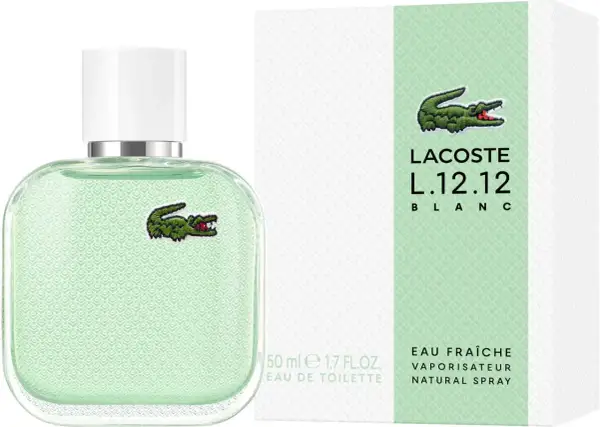 Perfumy Lacoste L.12.12 Blanc w białym, teksturowanym flakonie z zielonym krokodylem. Idealne na lato.