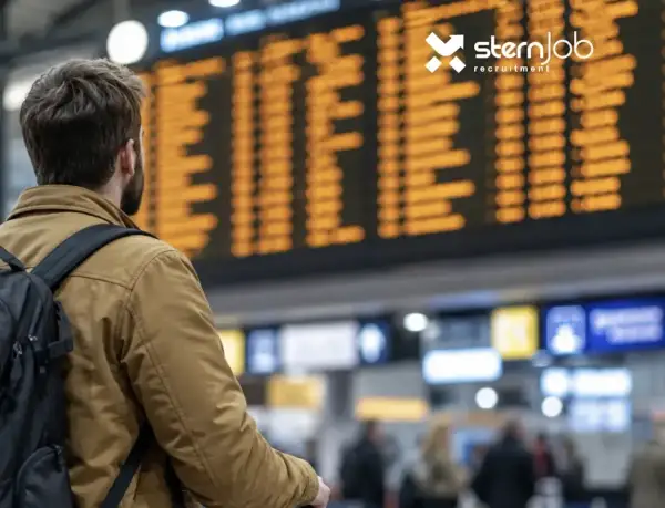 Mężczyzna z plecakiem patrzy na tablicę odlotów, planując swoją umowę zlecenie w Niemczech.