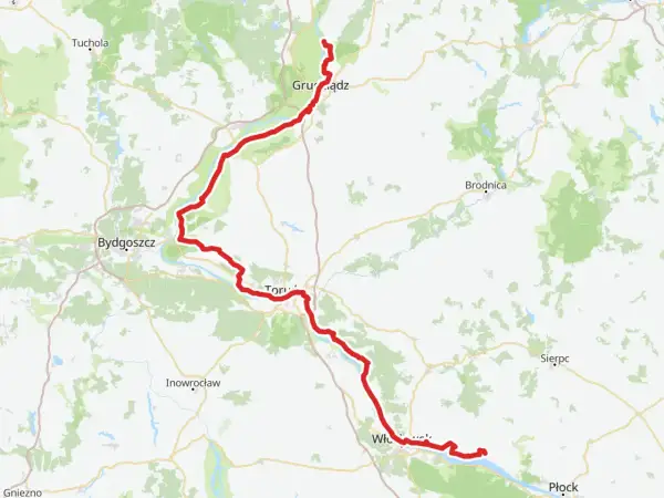 Mapa z zaznaczoną na czerwono wiślaną trasą rowerową, biegnącą od Grudziądza przez Toruń i Włocławek aż do Płocka.