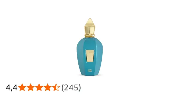 Elegancka, turkusowa butelka perfum Xerjoff Erba Pura ze złotym korkiem i ozdobnym logo.