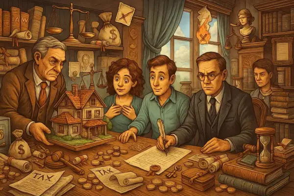 Un notaio illustra ai figli il modello di una casa, mentre uno di loro firma un documento. Si discute di donazione casa ai figli con usufrutto, tra libri di legge e monete.