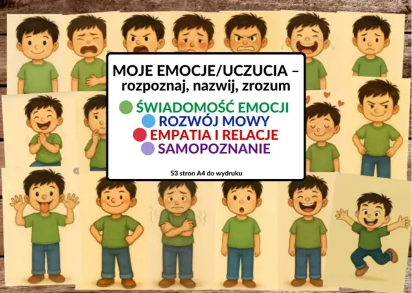 Ilustracja przedstawia chłopców wyrażających różne emocje. Centralnie umieszczona jest lista: "Moje emocje/uczucia – rozpoznaj, nazwij, zrozum", z podpunktami: Świadomość emocji, Rozwój mowy, Empatia i relacje, Samopoznanie.