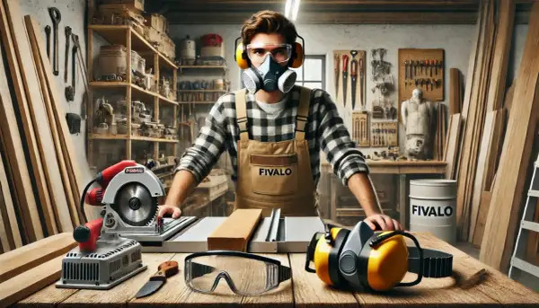 Un menuisier prépare son travail dans son atelier. Il porte un masque, des lunettes et un tablier. Des outils et du bois sont disposés sur la table.