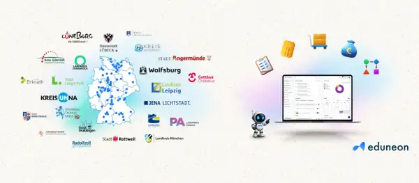 Digitale Transformation in deutschen Städten und Landkreisen, gefördert durch den DigitalPakt 2.0. Eine Karte zeigt Standorte, während ein Laptop und ein Roboter die Zukunft der Bildung symbolisieren.