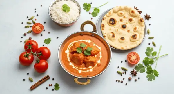 En krämig butter chicken med ris och naanbröd, omgiven av färska tomater och kryddor. En härlig indisk måltid.