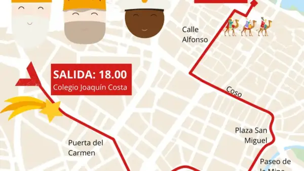 Mapa de la cabalgata Zaragoza. Reyes Magos en camellos por el Coso, salida 18:00 del Colegio Joaquín Costa.
