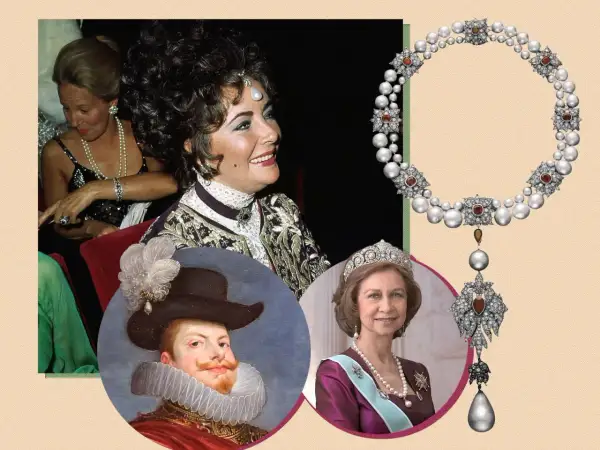 Elizabeth Taylor y la Reina Sofía lucen joyas, incluyendo la perla peregrina, junto a un retrato de Felipe IV.