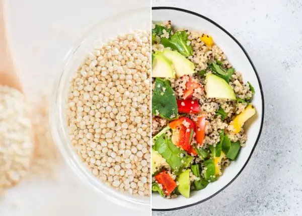 Quinoa: de donde viene la quinoa, un grano ancestral, se muestra en un tazón y en una ensalada colorida con aguacate y pimientos.