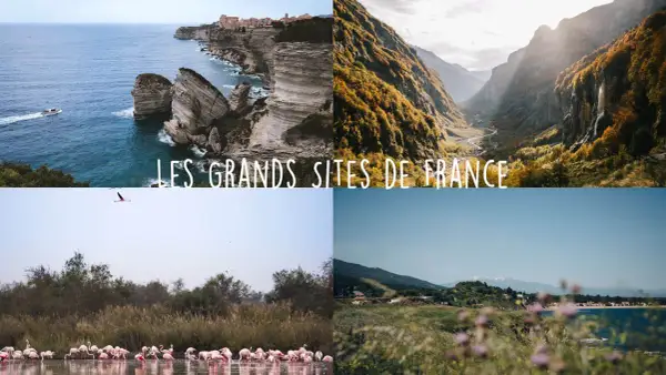 Quatre scènes magnifiques : falaises corses, vallée alpine, flamants roses, et paysage côtier. Ces images illustrent les plus beaux endroits de France.