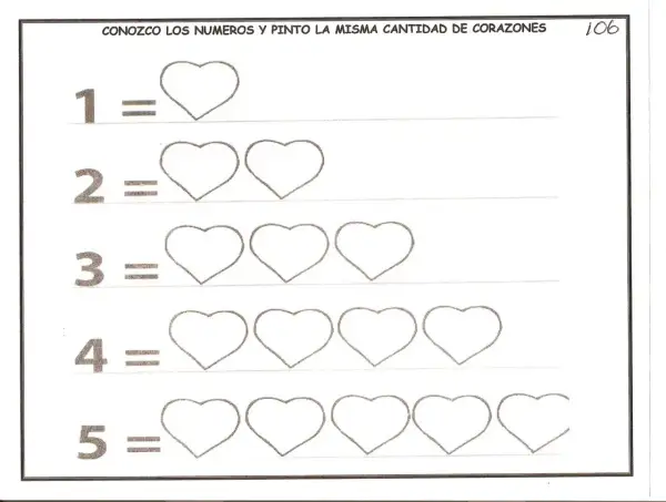 Fichas para niños de 3 años: números del 1 al 5 con corazones para contar y colorear.