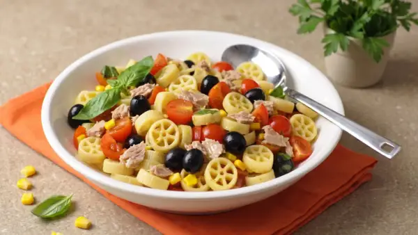 Un piatto invitante di pasta fredda saporita con tonno, pomodorini, olive nere e mais. Fresca e colorata, perfetta per l'estate.