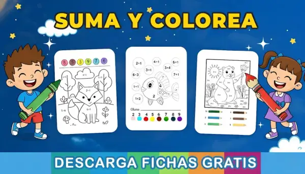 Niños felices con crayones, listos para descargar sumas para imprimir y colorear divertidos animales.