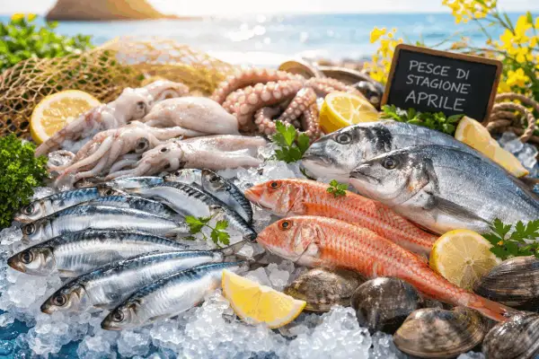 Pesce bianco quali sono: orate, triglie, sardine, calamari e polpi freschi su ghiaccio, con limone e prezzemolo.