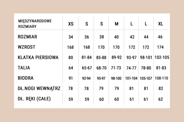 Tabela rozmiarów od XS do XL. Rozmiar 38 (wzrost 170 cm) odpowiada wiekowi ok. 12-14 lat.