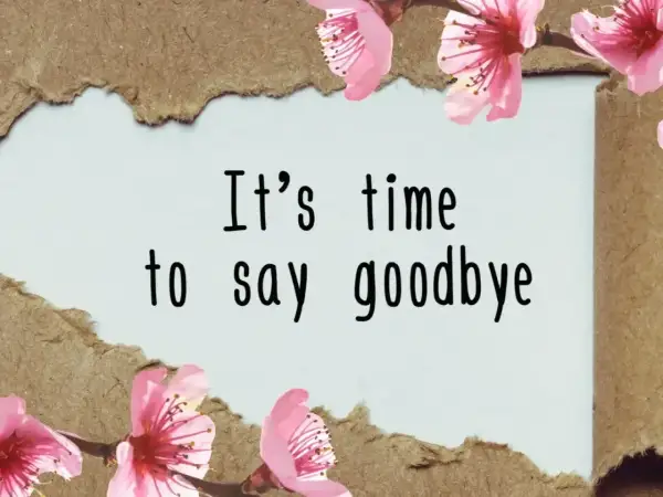 Kwiaty wiśni otaczają napis "It's time to say goodbye". To tłumaczenie tej frazy na polski, symbolizujące pożegnanie.