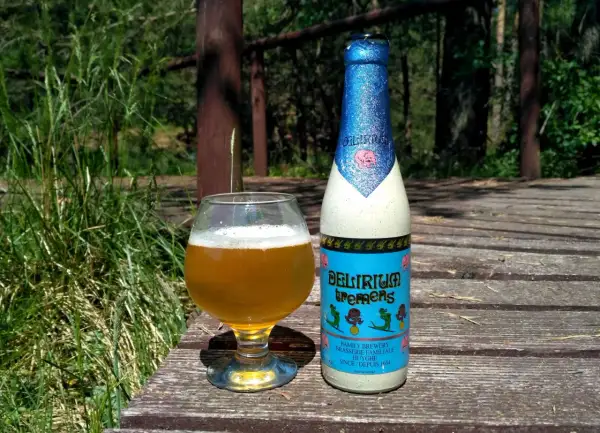 Piwo Delirium Tremens w szklance i butelce, na drewnianym tarasie wśród zieleni.