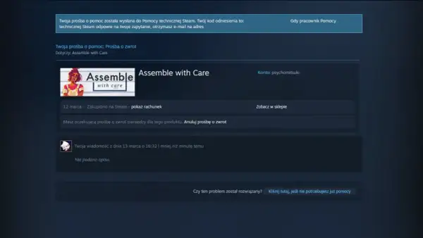 Zrzut ekranu z gry "Assemble with Care" na Steam, pokazujący status prośby o zwrot pieniędzy.