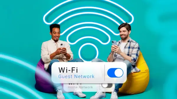 Deux hommes souriants sur des poufs, utilisant leurs téléphones. Un grand symbole Wi-Fi lumineux et un interrupteur "Wi-Fi Guest Network" sont visibles.