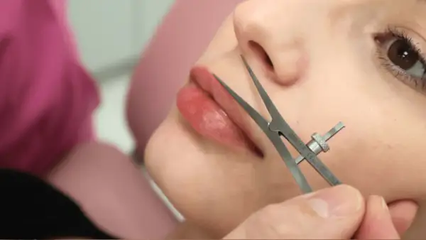 Precyzyjne pomiary przed zabiegiem lip lift. Dłoń chirurga z narzędziem przy ustach pacjentki.