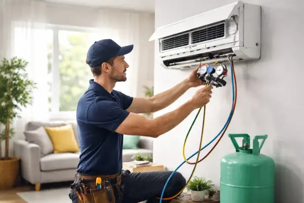 Technicien vérifiant la pression d'un climatiseur, une question fréquente quand recharger clim maison. Un manomètre est connecté à l'unité.