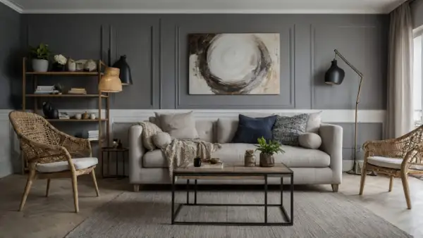 Salon moderne avec un canapé beige, des fauteuils en rotin, une table basse en bois et une peinture abstraite au-dessus du canapé.