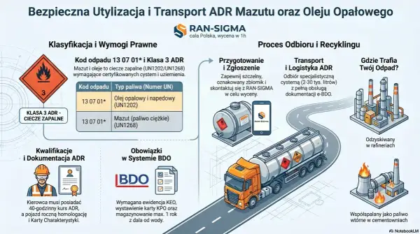 Ilustracja przedstawia proces bezpiecznej utylizacji i transportu mazutu oraz oleju opałowego. Widoczny jest transport zużytego oleju specjalistyczną cysterną, który następnie trafia do rafinerii lub cementowni.