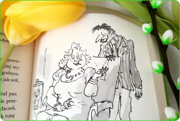 Ilustracja z książki "Matylda" przedstawia panią Trunchbull i pana Wormwooda. Recenzja książki Matylda.