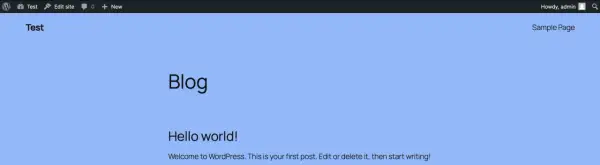 Pantalla de WordPress con título "Test", post "Blog" y "Hello world!". Ideal para empezar a crear plugin WordPress.