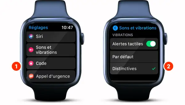 Montre connectée : comment allumer une montre connectée sans bouton ? Accédez aux réglages, puis "Sons et vibrations" pour activer les alertes tactiles.