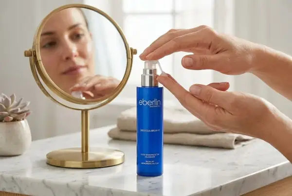 Manos aplicando sérum equilibrante, ideal para tu rutina de piel mixta. Reflejo de rostro en espejo.