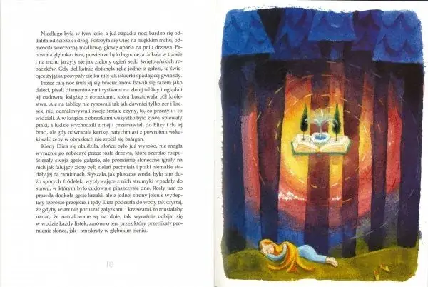 Sen o dzikich łabędziach w lesie. Eliza śpi pod drzewem, a nad nią magiczna księga z fontanną.