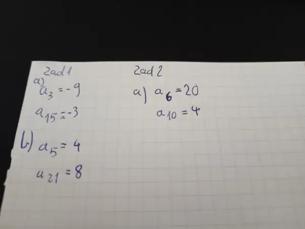 Zadania z matematyki: obliczanie wyrazów ciągu arytmetycznego i jego sumy. Widać dane: a₃=-9, a₁₅=-3, a₅=4, a₂₁=8 oraz a₆=20, a₁₀=4.