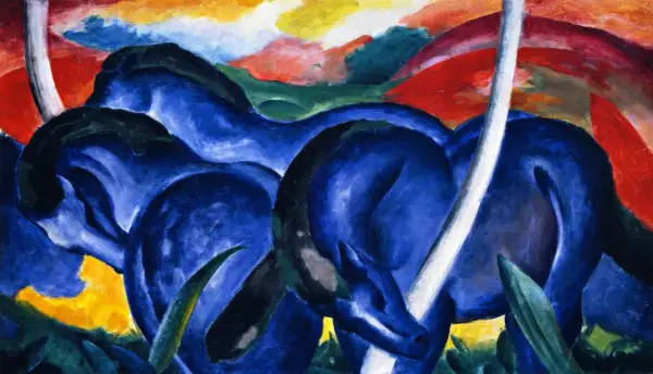 Expressief blauw paard in een levendig, kleurrijk landschap. De paarden lijken te bewegen in een droomachtige sfeer.