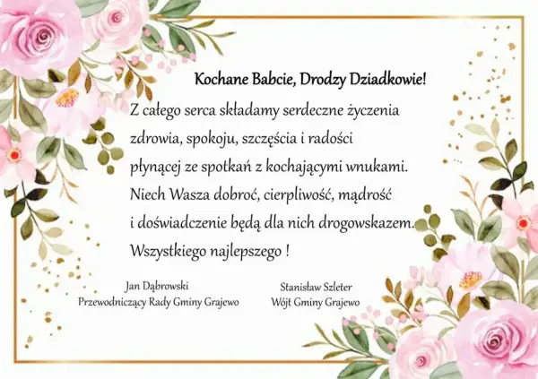 Piękne życzenia dla babci i dziadków, otoczone różowymi kwiatami. Niech dobroć i mądrość Wasza będzie drogowskazem dla wnuków.