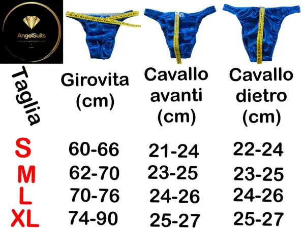 Guida taglie uomo: la taglia S corrisponde a girovita 60-66 cm, cavallo avanti 21-24 cm e cavallo dietro 22-24 cm.