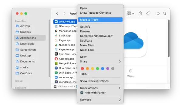 Jak usunąć aplikacje z MacBooka? Kliknij prawym przyciskiem myszy na OneDrive.app i wybierz "Przenieś do kosza".