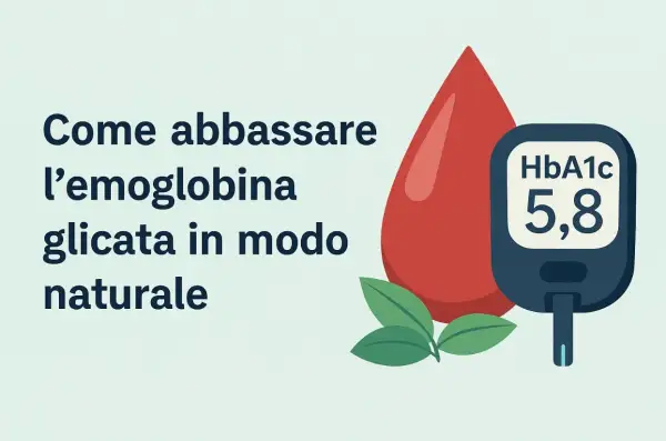 Come abbassare velocemente l'emoglobina glicata in modo naturale: un misuratore HbA1c, una goccia di sangue e foglie verdi.