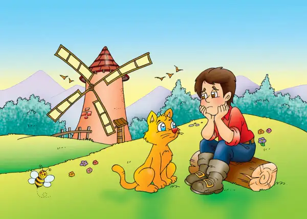 Un niño con botas y un gato naranja conversan cerca de un molino. Una abeja revolotea.