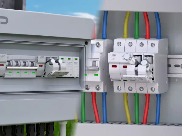 Boîtier électrique avec disjoncteurs et un fusible pour prise de courant, câbles colorés connectés.