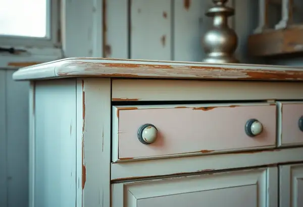 Cassettiera con finitura usurata, tipica della tecnica shabby. I cassetti rosa pallido e le maniglie in ceramica aggiungono un tocco romantico.